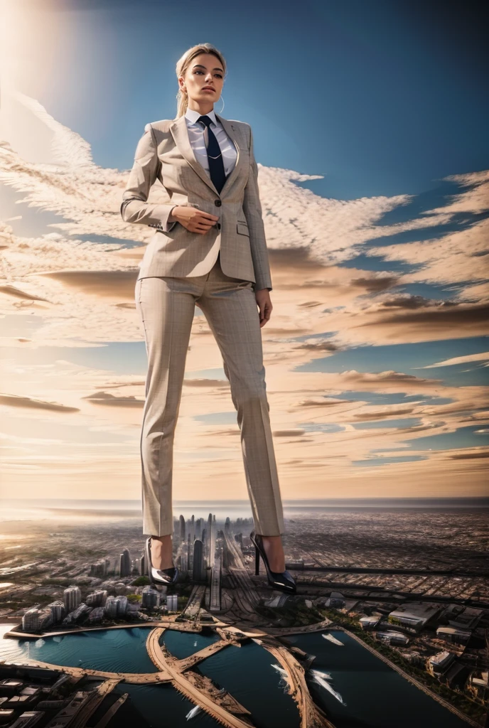 view from outer space of an approaching young giga giantess, Giantess art, 500 miles tall giga giantess, young white sophisticated and stylish woman in a light grey italian trouser suit, form fitting crisp office shirt, and a large wide necktie in a windsor knot, with a beautiful, curvaceous figure, large natural breasts, white blonde hair in a very long ponytail, with a curvaceous figure and massive breasts. wearing black rounded court high heels with uncovered feet and standing, rampage-like pose, with a city skyscrapers background of mega-city, skyscapers, bright daylight, cloudy atmosphere. The image is a high-resolution, masterpiece-quality, cinematic, ultra-detailed, and hyper-photorealistic photograph, with perfect hands, face, and lighting. ultra-detailed, 8K, photo-realistic, hyper-realistic, masterpiece, intricate details, full body view. Looking pasted camera, The image is a high-resolution, masterpiece-quality, cinematic, ultra-detailed, and hyper-photorealistic photograph, with perfect hands, face, and lighting. ultra-detailed, 8K, photo-realistic, hyper-realistic, masterpiece, intricate details, from far down below