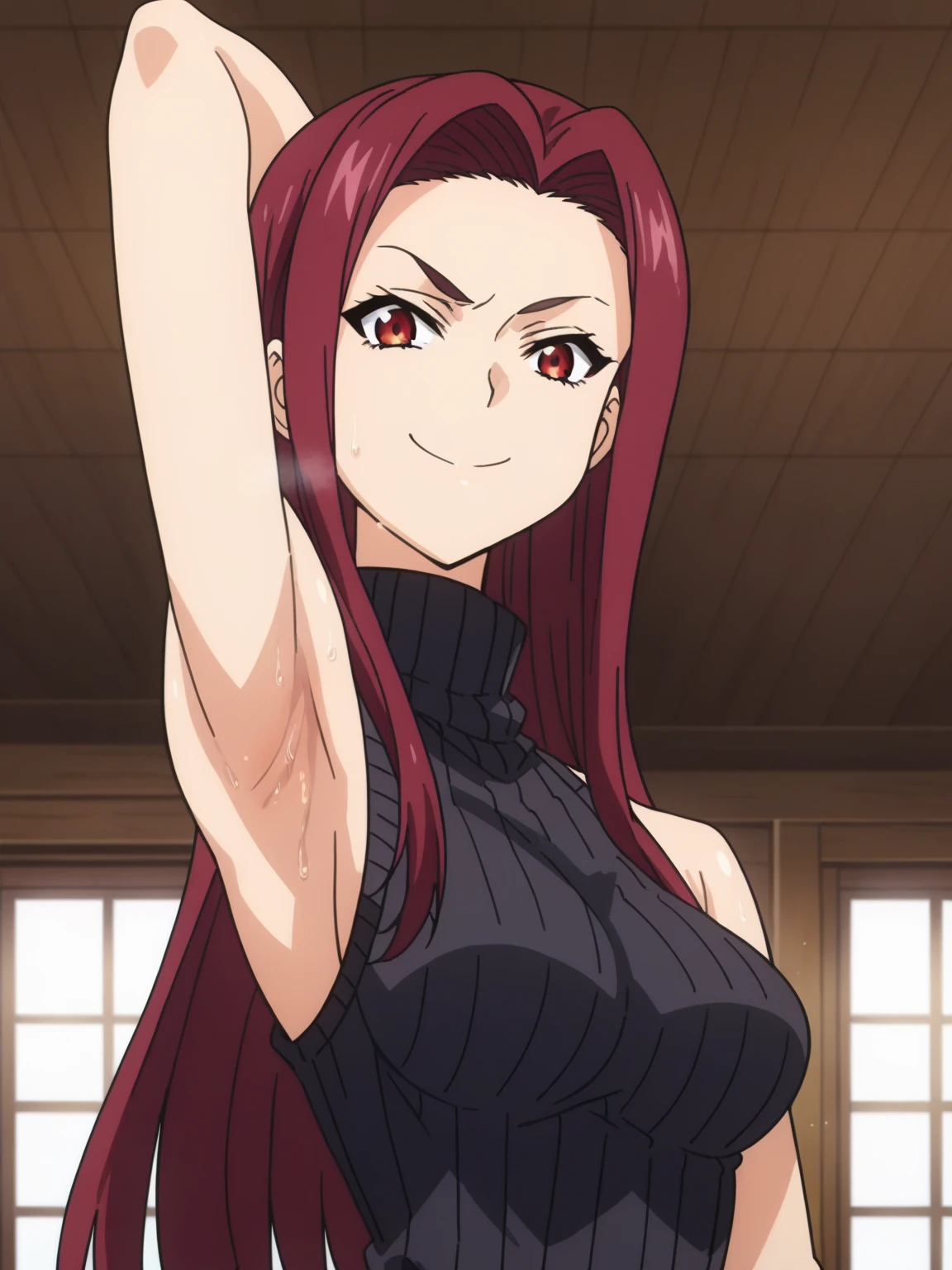 score_9, score_8_up, score_7_up, source_anime, anime screencap, 1girl, solo, ryouko sakaki, long hair, red hair, red eyes, black sweater, sleeveless sweater, ribbed sweater, turtleneck, sleeveless, bare shoulders, bare arms, arm behind head, armpit, looking at viewer, head towards viewer, smile, smug, closed mouth, badhandv4, indoors, from side, from below, sweaty armpits