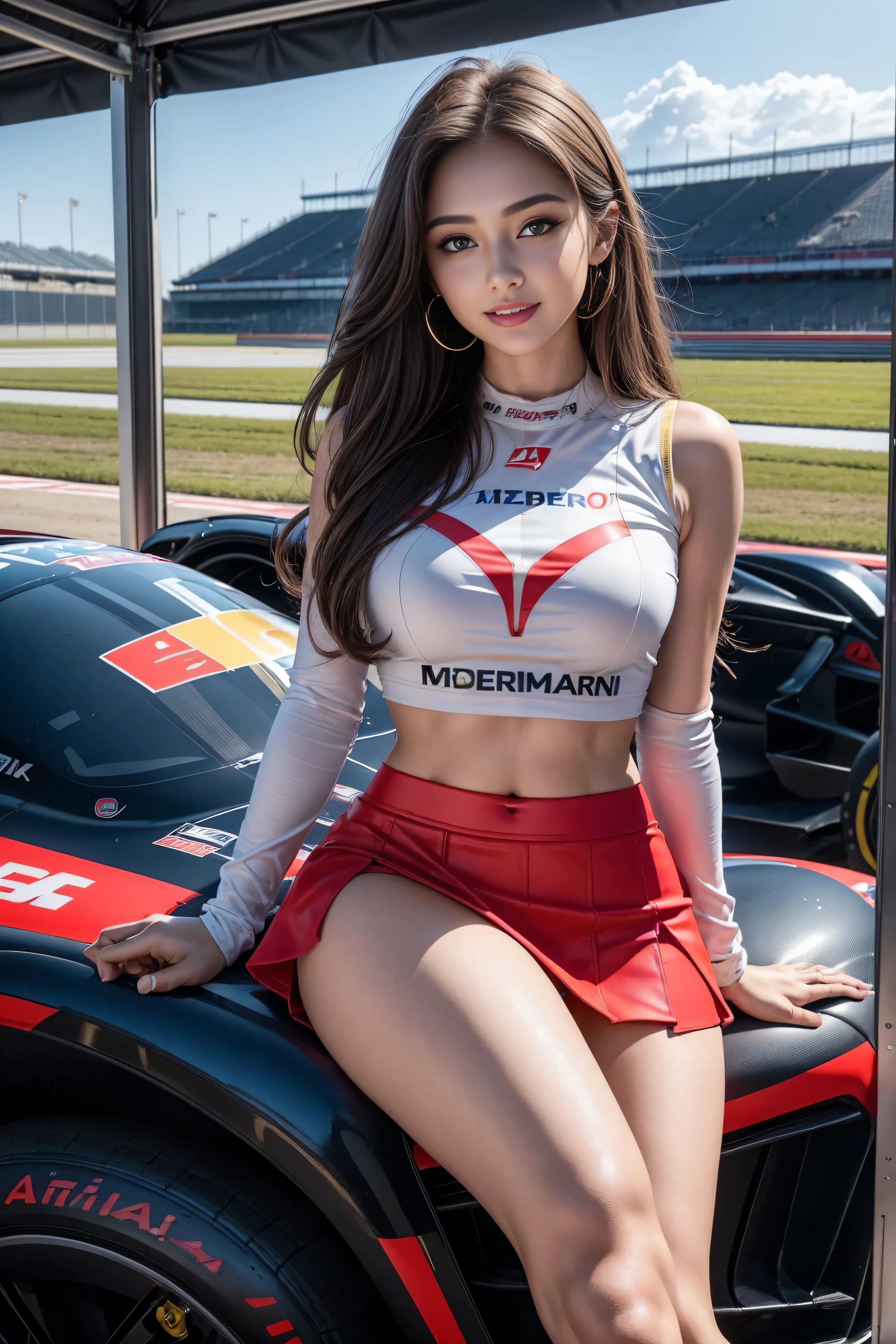 8k,RAW photos,  best quality at best,(masterpiece), ( MotoGP Racing Girls), (Eyeliner:0.5),( blush:0.5), Light Brown Straight Hair,  light smile , Refers to a beautiful and delicate girl, Extremely detailed face ,  beautiful and detailed blue eyes，Double eyelid long lashes ，Sexy plump lips， ((MotoGP)), (MotoGP track background), ( best quality,  high resolution, Reality, original, 8K,masterpiece, ),((( dynamic posture))),(((Mid-abdomen peek))),(((Show under chest ))),(((Red Mini Skirt Lift))),(((Bare inner thighs))),（Long Legs：1.5），（Thigh gap：1.5），（Vest line，Muscular hands:1.2），(((Formula One car on display))), ( are brightly colored:1.2), (Beautiful),