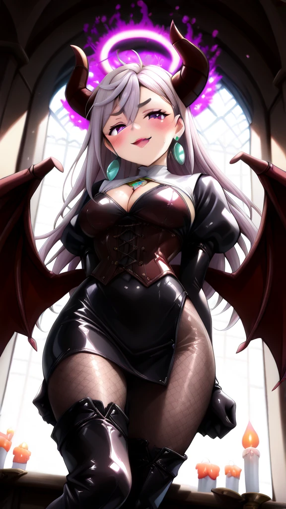 1girl\(mature woman,(Devil horn,Devil Wing:1.3), devil and nun fusion, evil, (long hair:1.2),silver hair, side lock, blunt buns, princess cut, Nun outfit and bodysuit fusion, attractive proportion, perfect proportions, ideally body proportions, charming proportions, Tight Woman, curvy body, (big seductive smile), beautifully detailed black latex nun bodysuit, Cross, cleavage, knitted corset, EXTRA SHINY FABRIC ,Very wrinkled fabric, Puffy sleeves, Elbow gloves, gem, shiny skin, Reflective fabric, earrings, Sacred Robe with Cross, (pantyhose:1.2), Tight mini straight skirt, Very shiny wrinkled clothes, Very beautifully detailed face,focus on face, (evil smile, sadistic, erotic) ,(Seductive eyes:1.3), (purple eyes), (face\(provocative,Enchanted,Charmed, excited, naughty\):1.2),blush, crazy, bodystocking, fishnet tights, high heels, thigh high boots, forward leaning position, (cleavage:1.3), pink cleavage, Sexy cutout, (detailed pupil:1.5), tongue, evil halo, dynamic pose,(Purple Aura:1.5)around body\).background\( inside church, stained glass, detailed background, sweat, hot, pink mood,dark,candle\). (from below:1.8), dutch angle,dynamic angle, longshot, wide shot,(momo_ayase:1.5),