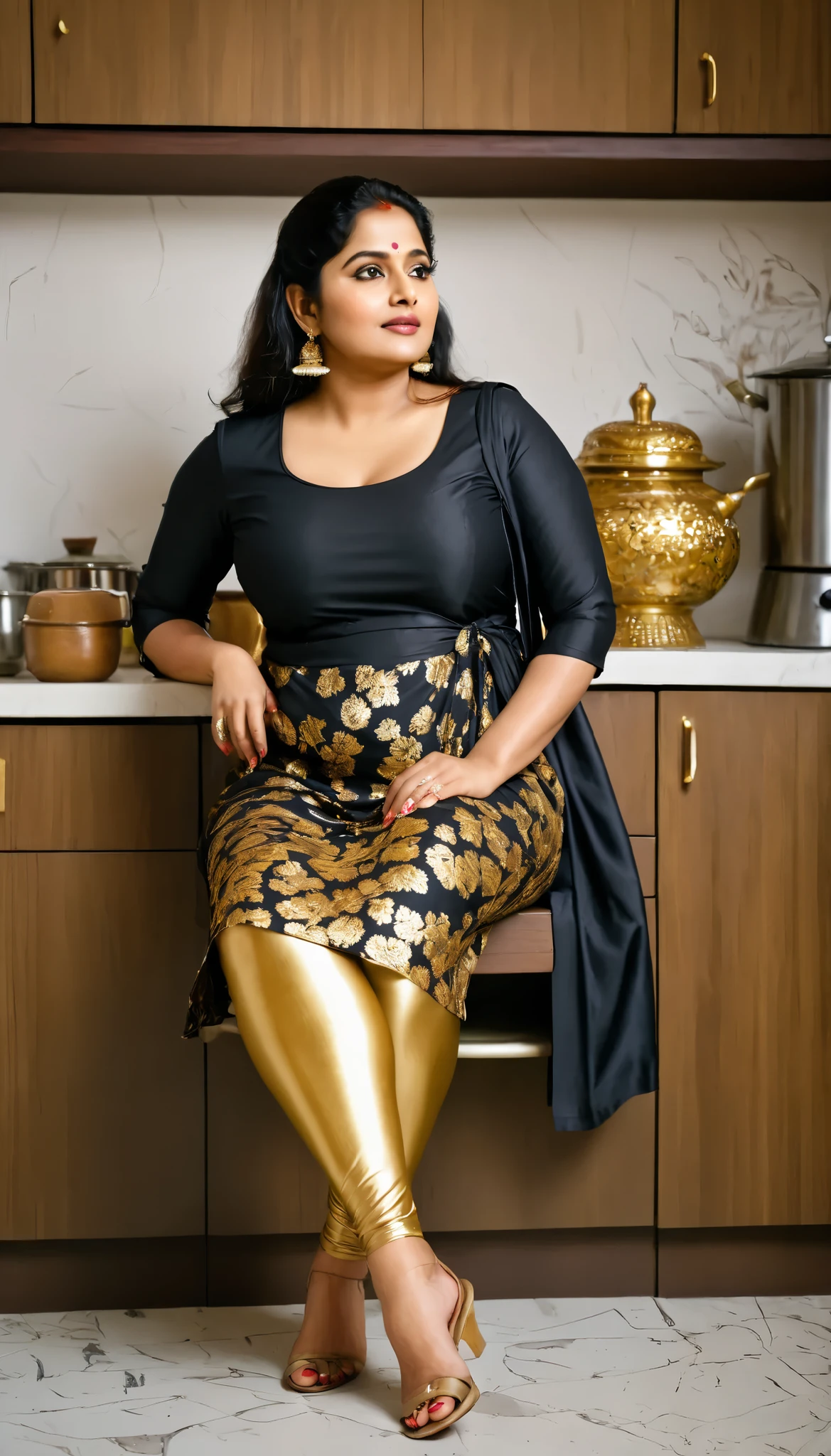 A radiant, full-figured South Indian chubby big ass and breast, 50 year woman looking like indian actress seetha wearing a black and gold gold mix floral patern indian side slit open kurti and silver shining knee length leggings,sitting on a small stoolin kitchen, side view of woman only,captured in a full-body image with vibrant hues and meticulous details.a quarter back side view