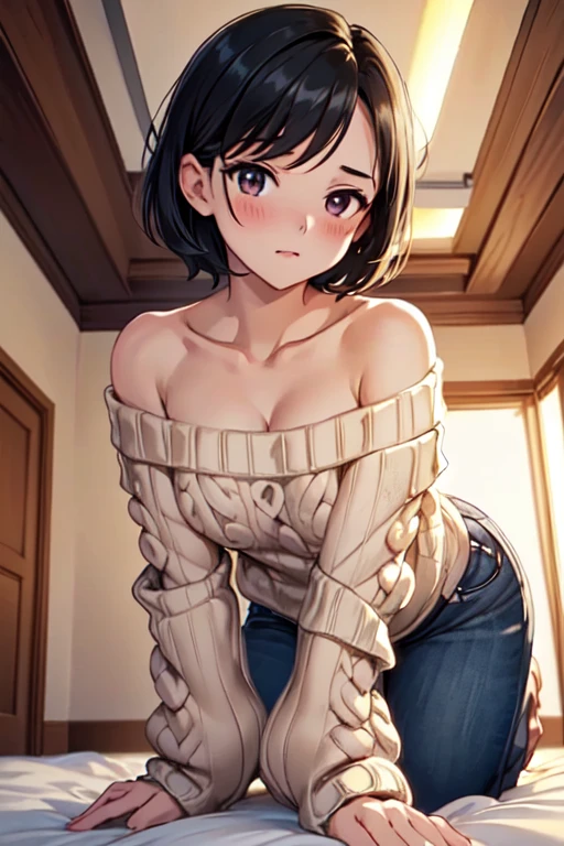 Masterpiece, Top quality, Worm eye view:1.5 ,kabedon pov, looking down,1 beautiful girl, straddling ,on all fours, black hair, short hair, wave hair,, medium breasts, standard weight,  (Off-the-shoulder sweater:1.3), blush :1.5, (beautiful scene of ceiling) ,close up of face:1.2