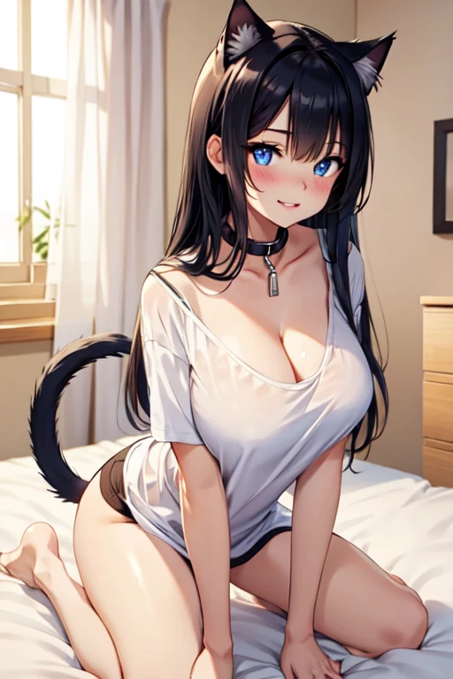 solo female, sitting on bed, oversized t-shirt, boyfriend shirt, very large breasts, young, blue eyes, slit pupils, straight long black hair, cat ears, cat tail, waking up, very cute, wide smile, parted lips, blush, sexy, close up, cleavage, one bare shoulder, cat bell collar, oversized collar, close up, looking at viewer, teasing