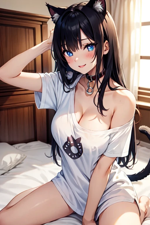 solo female, sitting on bed, oversized t-shirt, boyfriend shirt, very large breasts, young, blue eyes, slit pupils, straight long black hair, cat ears, cat tail, waking up, very cute, wide smile, parted lips, blush, sexy, close up, cleavage, one bare shoulder, cat bell collar, oversized collar, close up, looking at viewer, teasing