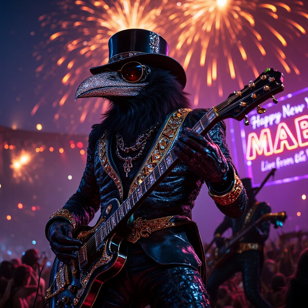 Muscular Anthropomorphic raven donned in intricate black suit with gold trim made of diamonds and a black diamond fedora. Diamonds cover his beak. Dynamically singing. Wears large sunglasses. Lead singer and guitarist of the band "Obsidian Rhythm Project". Sings in to a retro style microphone while playing his guitar. Behind the open air stage, fireworks burst. Massive stadium concert. The words "Happy New Year MAB!!!   Live From The Pearl" on a large neon sign. Dynamic jazz band scene, dynamic pose, High Resolution, Masterpiece, Cinematic, Character Design, Hyperdetailed, Cinematography,  cinematic lighting, Depth Of Field, Sparkle, Ray Tracing, Image Fill, Dynamic Pose, old fashion microphone 