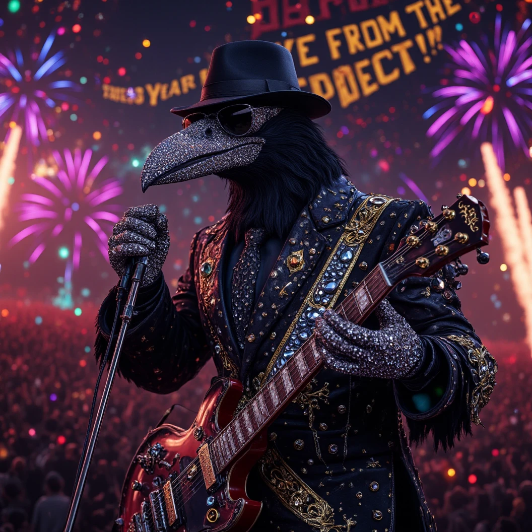 Muscular Anthropomorphic raven donned in intricate black suit with gold trim made of diamonds and a black diamond fedora. Diamonds cover his beak. Dynamically singing. Wears large sunglasses. Lead singer and guitarist of the band "Obsidian Rhythm Project". Sings in to a retro style microphone while playing his guitar. Behind the open air stage, fireworks burst. Massive stadium concert. The words "Happy New Year MAB!!!   Live From The Pearl" on a large neon sign. Dynamic jazz band scene, dynamic pose, High Resolution, Masterpiece, Cinematic, Character Design, Hyperdetailed, Cinematography,  cinematic lighting, Depth Of Field, Sparkle, Ray Tracing, Image Fill, Dynamic Pose, old fashion microphone 