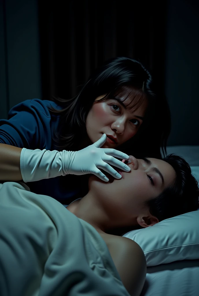 Un homme avec des gants de medecin qui couvre la bouche d’une femme dans un lit 
