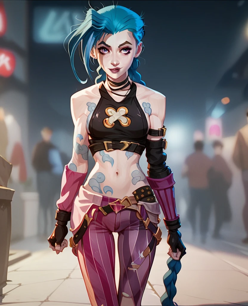 Jinx wearing shiny pink pants ,  Cropped blue with stripes walking the streets 