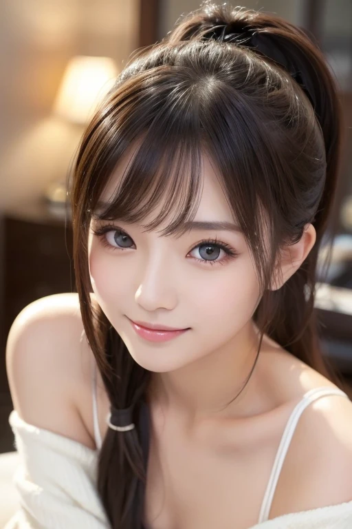  table top in bed,  top quality , shape,  super detailed , finely,  high res, 8k wallpaper, 完璧なダイナミックな構shape,  beautifully detailed eyes, Tokyo Trends冬ファッション,Tokyo Trends＆ randomly introduce cute hairstyles,  small breasts,  NATURAL COLOR LIPS, random sexy pose, cute smile inside the Kyoden、 20 year old girl、 beautifully detailed face 、 Perfect Beautiful Face , big eyes、 wearing a fluffy black luxury mink coat、 beautiful detailed faces in dark bars、 perfect and beautiful double eyelids、 blur background、 Perfect Beautiful Face 、Bright expression、 Twin Ponytail Hairstyles 、 beautiful face with a golden ratio 、 beautiful legs with tails