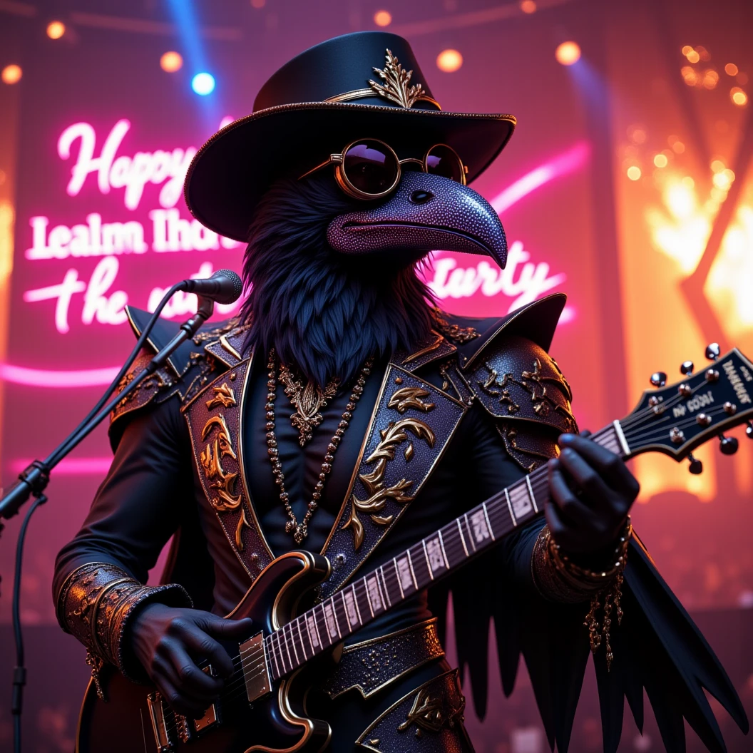 Muscular Anthropomorphic raven donned in intricate black suit with gold trim made of diamonds and a black diamond fedora. Diamonds cover his beak. Dynamically singing. Wears large sunglasses. Lead singer and guitarist of the band "Obsidian Rhythm Project". Sings in to a retro style microphone while playing his guitar. Behind the open air stage, fireworks burst. Massive stadium concert. The words "Happy New Year MAB!!!   Live From The Pearl" on a large neon sign. Dynamic jazz band scene, dynamic pose, High Resolution, Masterpiece, Cinematic, Character Design, Hyperdetailed, Cinematography,  cinematic lighting, Depth Of Field, Sparkle, Ray Tracing, Image Fill, Dynamic Pose, old fashion microphone 