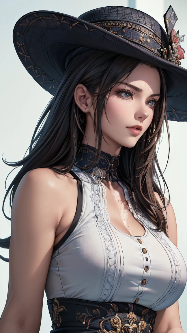 ((Highest quality)),(Ultra-high resolution),(Very detailed),(Detailed Description),((The best CG)),(masterpiece),Highly detailed art,Amazing painting art,(Contemporary art with precise details:1.5), (1 female fashion model:1.6),(Beautiful and well-proportioned face:1.5),Fashion Leader:1.6,Powerful gaze:1.4,(Wear your hat at an angle:1.3),Cropped tops,White background
