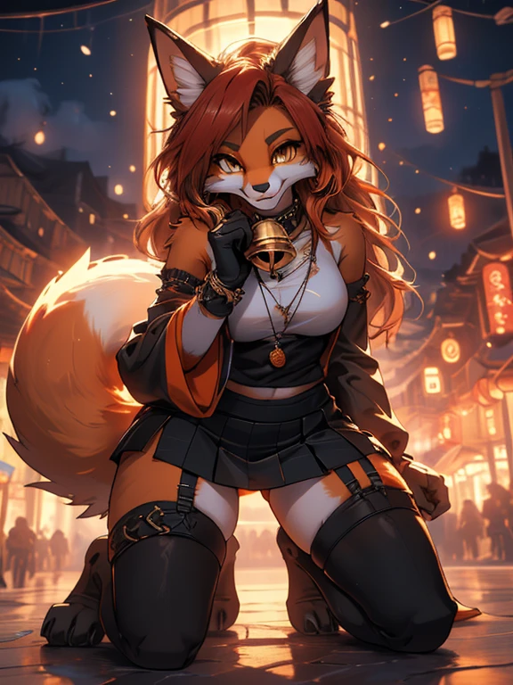 Fox girl, Fox, Furry, Female, Anthro, Cute, Beautiful, Sexy, Voluptuous, (Orange fur:1.3), (digitigrade), (Short Skirt:1.2, Miniskirt:1.2, Black Thigh Strap:1.2, Comfy Oversized White Warmers:1.2, Detached Sleeves With Cat Paw Prints, Bell Attached To Tail:1.1), (Sexy Pose, Seductive Pose), on knees, (View your viewers, looking at viewer with adoration), (Wicked Smile), (Acquisition:1.3), (corruption:1.1), (valley:1.1), (Long Hair, red hair), yellow eyes, (片handで握り拳を作る)