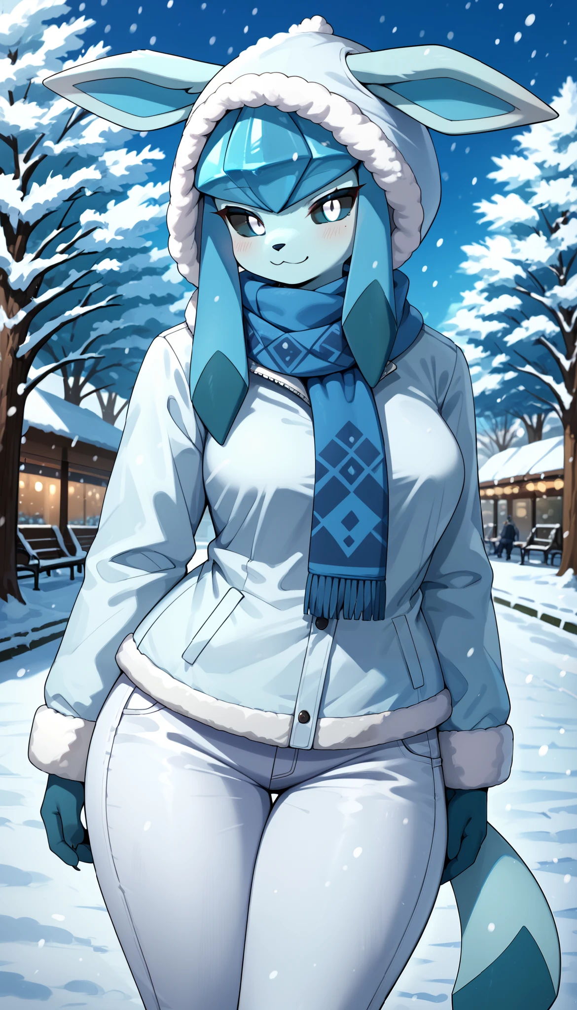 score_9, score_8_up, score_7_up, source_anime, source_furry, (beautiful, detailed background, digital artwork, digital art, well shaded artwork, depth, detailed artwork)1.2, 1girl, female, furry, anthro, glaceon, park setting, snowing, snow, medium breasts, natural breasts, wide hips, thick thighs, cyan hair, short hair, messy hair, black sclera, white eyes, 19-year-old girl, (black winter coat, blue scarf, white baggy pants)