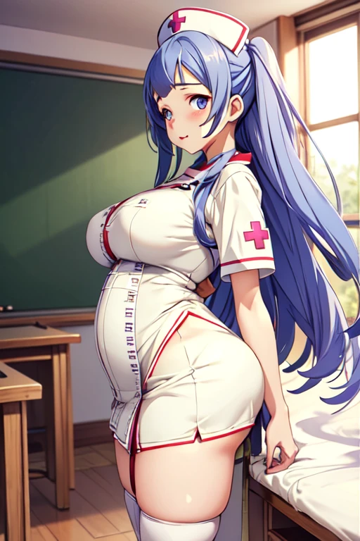 alisa mikhailovna kujou,tooki bosotto roshia-go de dereru tonari no arya-san, classroom, ((cosplay, nurse outfit)), shy expression, (gravure idol pose), large breasts, slim waist, fair skin, amazed expression, long fine hair, cute, anime girl, game CG illustration, (overfit style:2.0), (negative_v2 Color_Balance_Calibration:0.8)