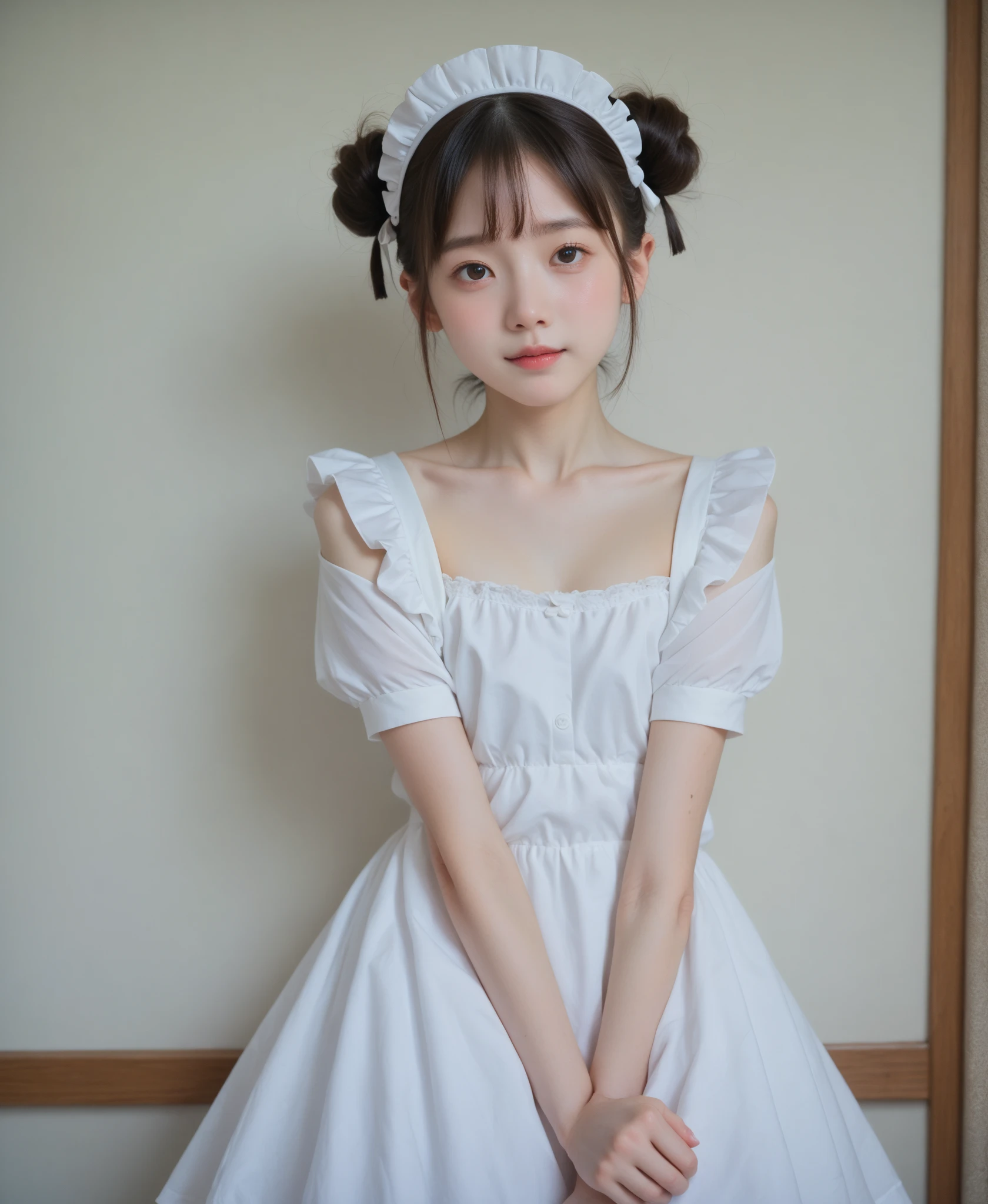  maid clothes,***************************, cute girl,masterpiece, bun hair for your toes,Narrow shoulders, white skin,Thin arms,skinny,score_9,score_8_up,score_7_up, High Res Images,perfect hand,  Perfect Anatomy