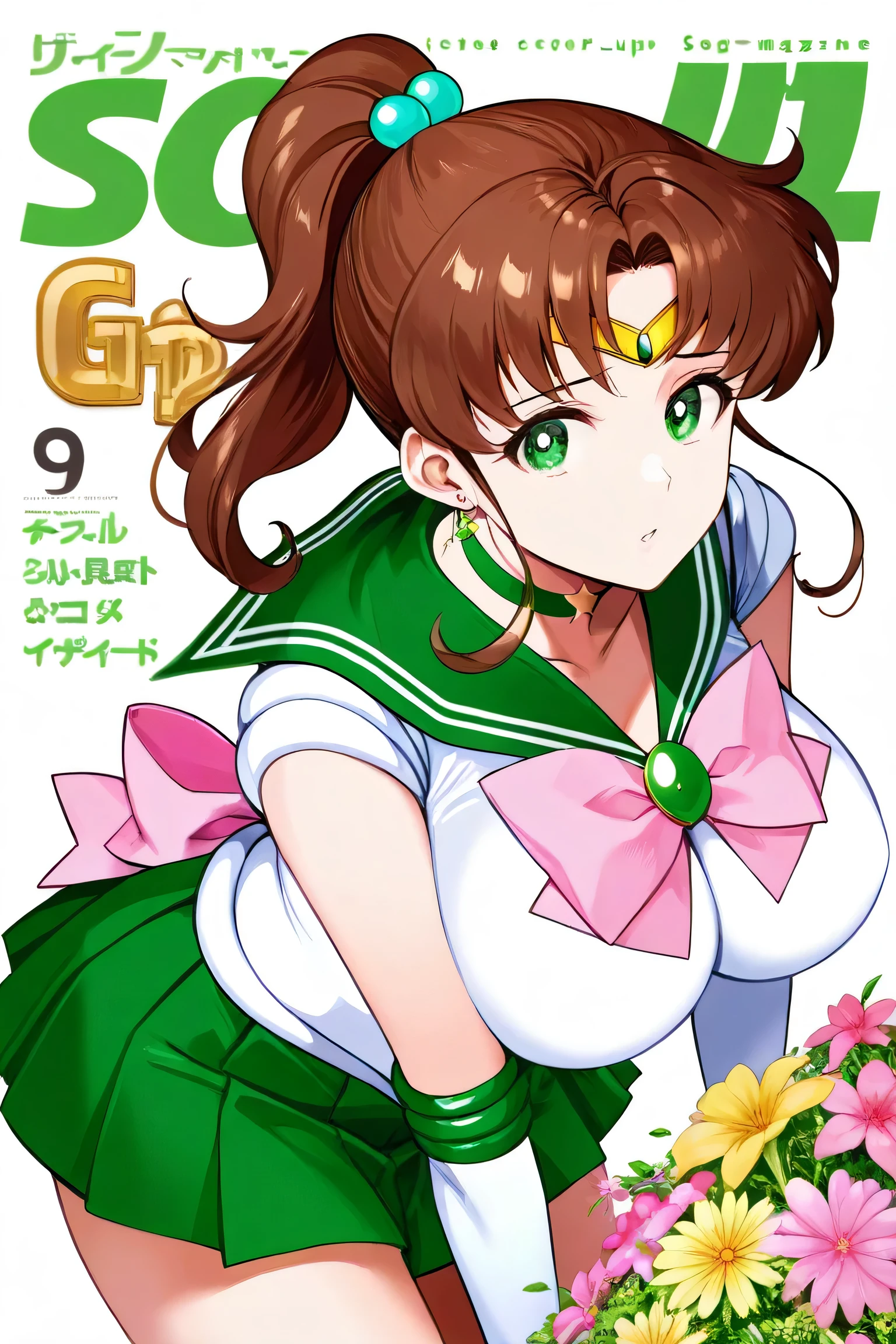 magazine cover, makoto kino,brown hair,circlet,green eyes,hair bobbles,hair ornament,medium hair,ponytail,sidelocks,parted bangs,back bow,bow,bowtie,brooch,choker,earrings,elbow gloves,flower earrings,gem,gloves,green choker,green gemstone,green sailor collar,green skirt,jewelry,miniskirt,pink bow,pink bowtie,pleated skirt,sailor collar,shirt,short sleeves,sidelocks,skirt,white gloves,white shirt,sailor senshi uniform,big breasts,1girl,solo,