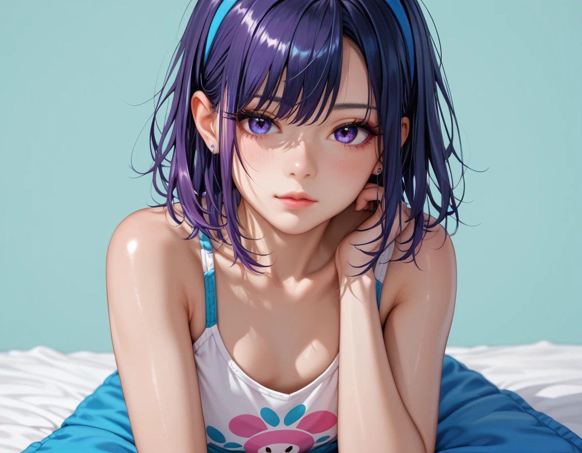 a short sexy woman wearing purple t shirt and black tracks, pinned against the wall, eyes closed, lips parted, blushing intensely, ready to kiss