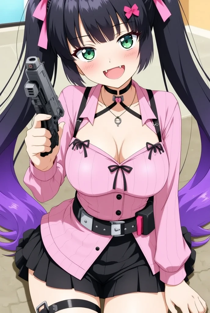 1girl,(Twin tails),Black Hair,purple hair,gradient hair,Very long hair,hime cut,skin fang,jitome,green eyes,o-ring choker,x hair ornament,heart hair ornament,medical eyepatch,jirai kei,pink ribbed shirt,black ribbon,long sleeves,black miniskirt,garter straps,BREAK blush,pout,battoujutsu stance,weapon,BREAK masterpiece,best quality,amazing quality,very aesthetic,BREAK dual wielding,gun