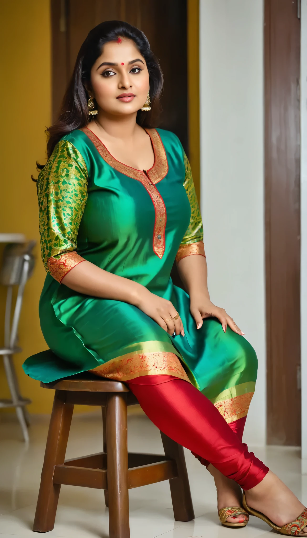 A radiant, full-figured South Indian chubby big ass and breast, 50 year woman looking like indian actress seetha wearing a mix floral patern indian side slit open green and golden boarded shining silk kurti and red shining ankle length leggings,sitting on a small stool in kitchen, side view of woman only,captured in a full-body image with vibrant hues and meticulous details.a quarter back side view