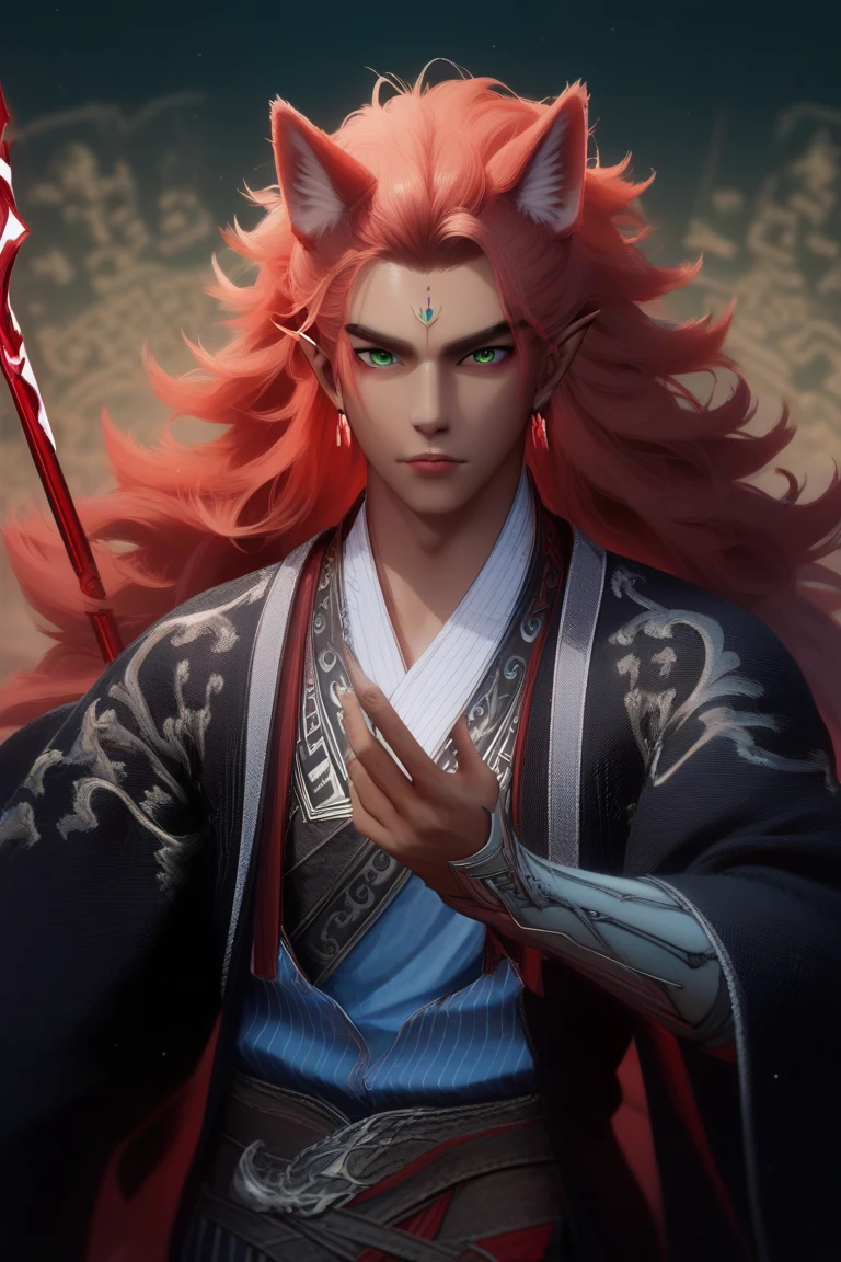 male young kemono half-beast elf with red fur, he hold a long spear wrapped in blue fabric in his left hand, loose clothes composed of cloaks over posts, wolf ears, green eyes, long red hair, intense gaze, beastfolk, 1 male, brown skin, red fell cover parte of he body, wolf ears in the top of head, relative human face, brown skin.
