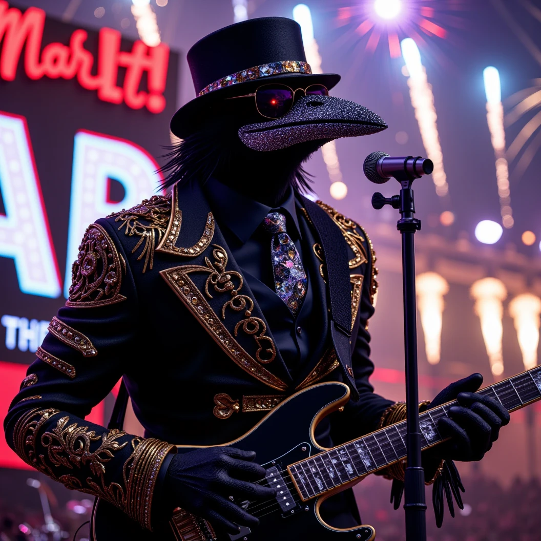 Muscular Anthropomorphic raven donned in intricate black suit with gold trim made of diamonds and a black diamond fedora. Diamonds cover his beak. Dynamically singing. Wears large sunglasses. Lead singer and guitarist of the band "Obsidian Rhythm Project". Sings in to a retro style microphone while playing his guitar. Behind the open air stage, fireworks burst. Massive stadium concert. The words "Happy New Year MAB!!!   Live From The Pearl" on a large neon sign. Dynamic jazz band scene, dynamic pose, High Resolution, Masterpiece, Cinematic, Character Design, Hyperdetailed, Cinematography,  cinematic lighting, Depth Of Field, Sparkle, Ray Tracing, Image Fill, Dynamic Pose, old fashion microphone 