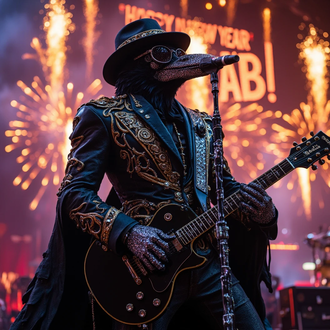 Muscular Anthropomorphic raven donned in intricate black suit with gold trim made of diamonds and a black diamond fedora. Diamonds cover his beak. Dynamically singing. Wears large sunglasses. Lead singer and guitarist of the band "Obsidian Rhythm Project". Sings in to a retro style microphone while playing his guitar. Behind the open air stage, fireworks burst. Massive stadium concert. The words "Happy New Year MAB!!!   Live From The Pearl" on a large neon sign. Dynamic jazz band scene, dynamic pose, High Resolution, Masterpiece, Cinematic, Character Design, Hyperdetailed, Cinematography,  cinematic lighting, Depth Of Field, Sparkle, Ray Tracing, Image Fill, Dynamic Pose, old fashion microphone 