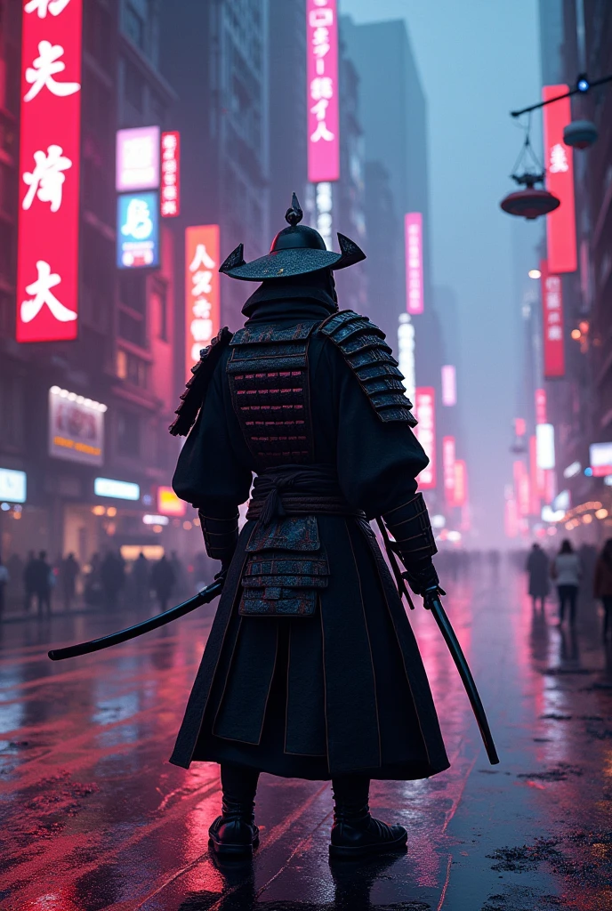 glamour shot of samurai, the Cyberpunk samurai, surrounded by city neon lighting, realistic, realistic, morbide, dark, very detailed, rendered in octane, wet, dense atmospheric, epic, dramatic, empty, creepy, trail cam footage, photorealistic, hyperornate details, photographed by Irakli Nadar and Reylia Slaby, bokeh, particuls, ultra detail