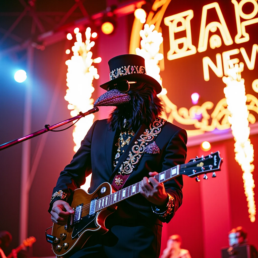 Muscular Anthropomorphic raven donned in intricate black suit with gold trim made of diamonds and a black diamond fedora. Diamonds cover his beak. Dynamically singing. Wears large sunglasses. Lead singer and guitarist of the band "Obsidian Rhythm Project". Sings in to a retro style microphone while playing his guitar. Behind the open air stage, fireworks burst. Massive stadium concert. The words "Happy New Year MAB!!!   Live From The Pearl" on a large neon sign. Dynamic jazz band scene, dynamic pose, High Resolution, Masterpiece, Cinematic, Character Design, Hyperdetailed, Cinematography,  cinematic lighting, Depth Of Field, Sparkle, Ray Tracing, Image Fill, Dynamic Pose, old fashion microphone 