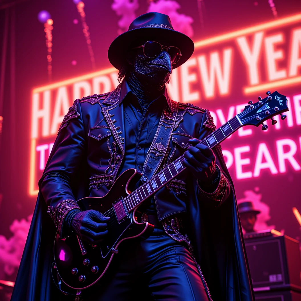 Muscular Anthropomorphic raven donned in intricate black suit with gold trim made of diamonds and a black diamond fedora. Diamonds cover his beak. Dynamically singing. Wears large sunglasses. Lead singer and guitarist of the band "Obsidian Rhythm Project". Sings in to a retro style microphone while playing his guitar. Behind the open air stage, fireworks burst. Massive stadium concert. The words "Happy New Year MAB!!!   Live From The Pearl" on a large neon sign. Dynamic jazz band scene, dynamic pose, High Resolution, Masterpiece, Cinematic, Character Design, Hyperdetailed, Cinematography,  cinematic lighting, Depth Of Field, Sparkle, Ray Tracing, Image Fill, Dynamic Pose, old fashion microphone 