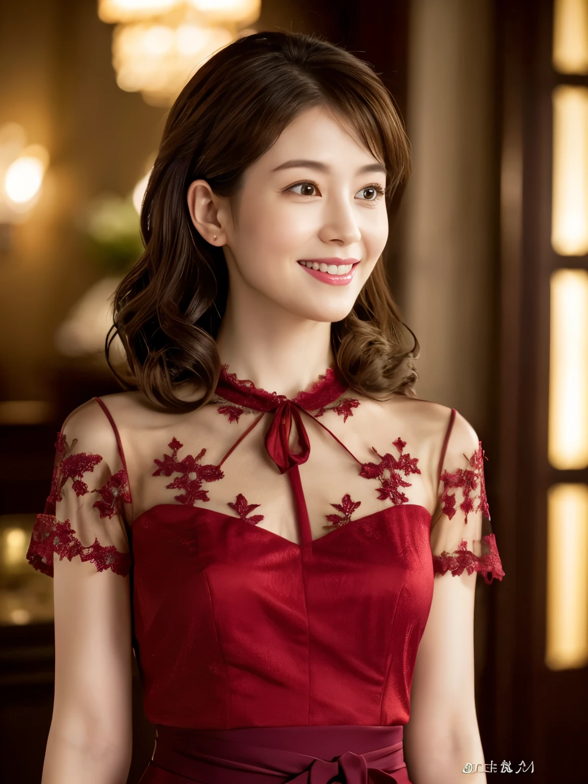 (8k, best quality, masterpiece, ultra highres:1.2, ),1 girl,posing for photoshoot wearing red dress,grin,ruby hair,parted bangs,teardrop earrings,choker,glistening sweaty skin,flower in background,dynamic pose,masterpiece,best quality,official art,extremely detailed CG unity 8k wallpaper,ultra high res,professional photography,sharp focus,HDR,8K resolution,intricate detail,sophisticated detail,depth of field,analogue RAW DSLR,photorealistic,