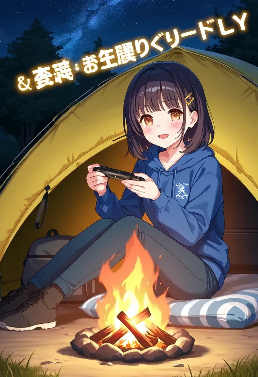 a girl sitting in front of a camping tent, building a campfire, night sky with shining text "Enjoy work and play",