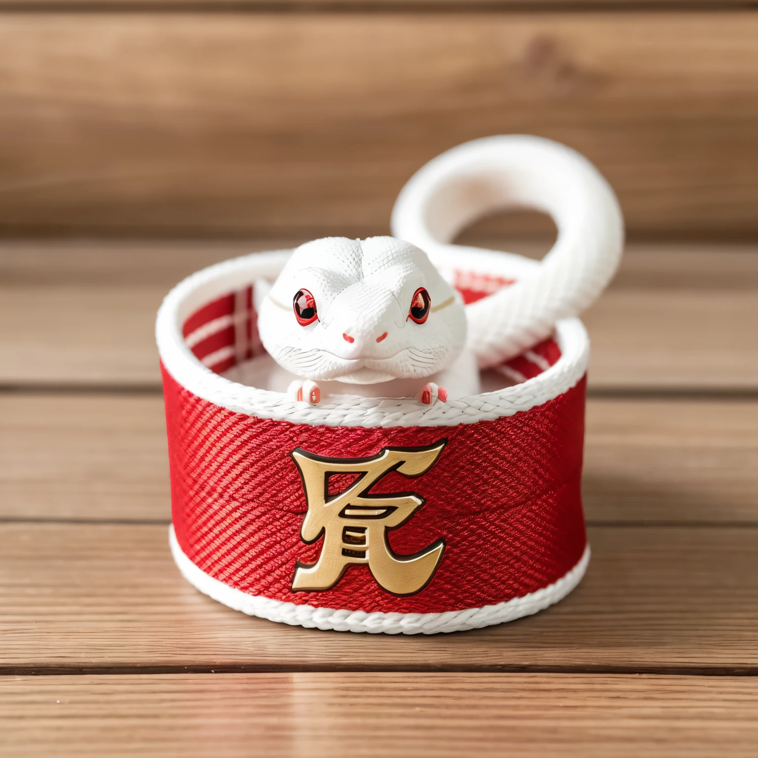 A small, cute white snake mascot with red eyes, sitting in the center. The snake has a soft and charming design. On both sides of the snake, there are traditional Japanese kadomatsu decorations, made of bamboo and pine. The background is simple and clean, highlighting the festive and adorable atmosphere. The overall tone is warm and welcoming.The quality of the image is superb, with natural soft lighting, highly detailed and realistic. Ultra High Resolution, Top Quality, SLR Camera, (Live Action Movie Scene), Highly Detailed, Realistic Lighting, Smooth, Fujifilm XT3,