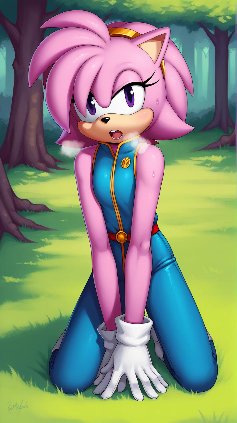  Julie-su The Echinda form sonic the hedgehog (series), (pink body/fur), (pink hair), (backround: forest), (detailed backround), (masterpiece), (high details), (facing the viewer:1.3), (looking at the viewer:1.3), (purple eyes),purple IncursioDipDyedHair,   blue jumpsuit, white gloves, sleeveless, hands on knees, open mouth, out of breath, sweaty, exhausted expression