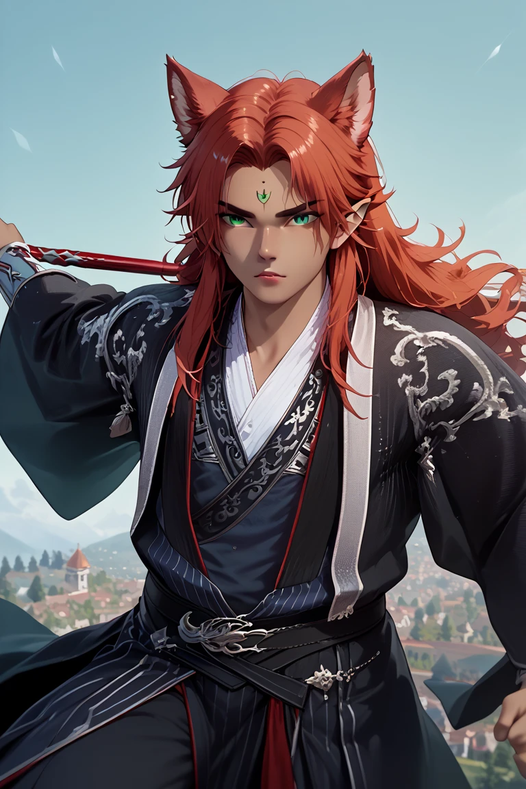 male young kemono half-beast elf with red fur, he hold a long spear wrapped in blue fabric in his left hand, loose clothes composed of cloaks over posts, wolf ears, green eyes, long red hair, intense gaze, beastfolk, 1 male, brown skin, red fell cover parte of he body, relative human face, brown skin, battle pose.
