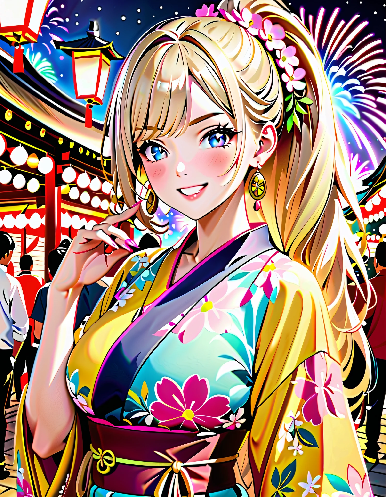 ((One woman)), Beautiful Face,Laughing embarrassedly,((Wink:1.6)),Laugh with a big mouth,Become bright red,Sweat on the face,Glossy pink lips,night,Shrine festival stalls,firework, ((Anime style background)),masterpiece, highest quality, so beautiful, up to date, Complex details, (Pink long nails),AI-generated, Complex,High resolution, highest quality, super high quality,3D Images、View the viewers、3D Images,one person,Long Blonde Hair,High Ponytail,blue eyes,Anime woman posing for a photo, [[Fine grain、Colorful eyes、Shining Eyes:1.15]],(Squint your eyes:1.1),a hyperRealistic , hyperRealistic , Realistic,Blonde anime woman with long hair, Smooth anime CG art, A woman in a colorful kimono with gold embroidery, (Yellow kimono),Pink floral pattern,Long flower hair ornament,Big earrings,(Large Breasts:1.2),Mature Body,tall,Big Ass,Fine details,Narrow waist,Six-pack,