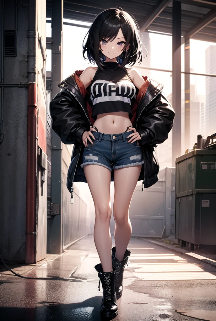 Black bob, red inner color, street fashion, long sleeves, belly button exposed, shorts, thick thighs, leg rings