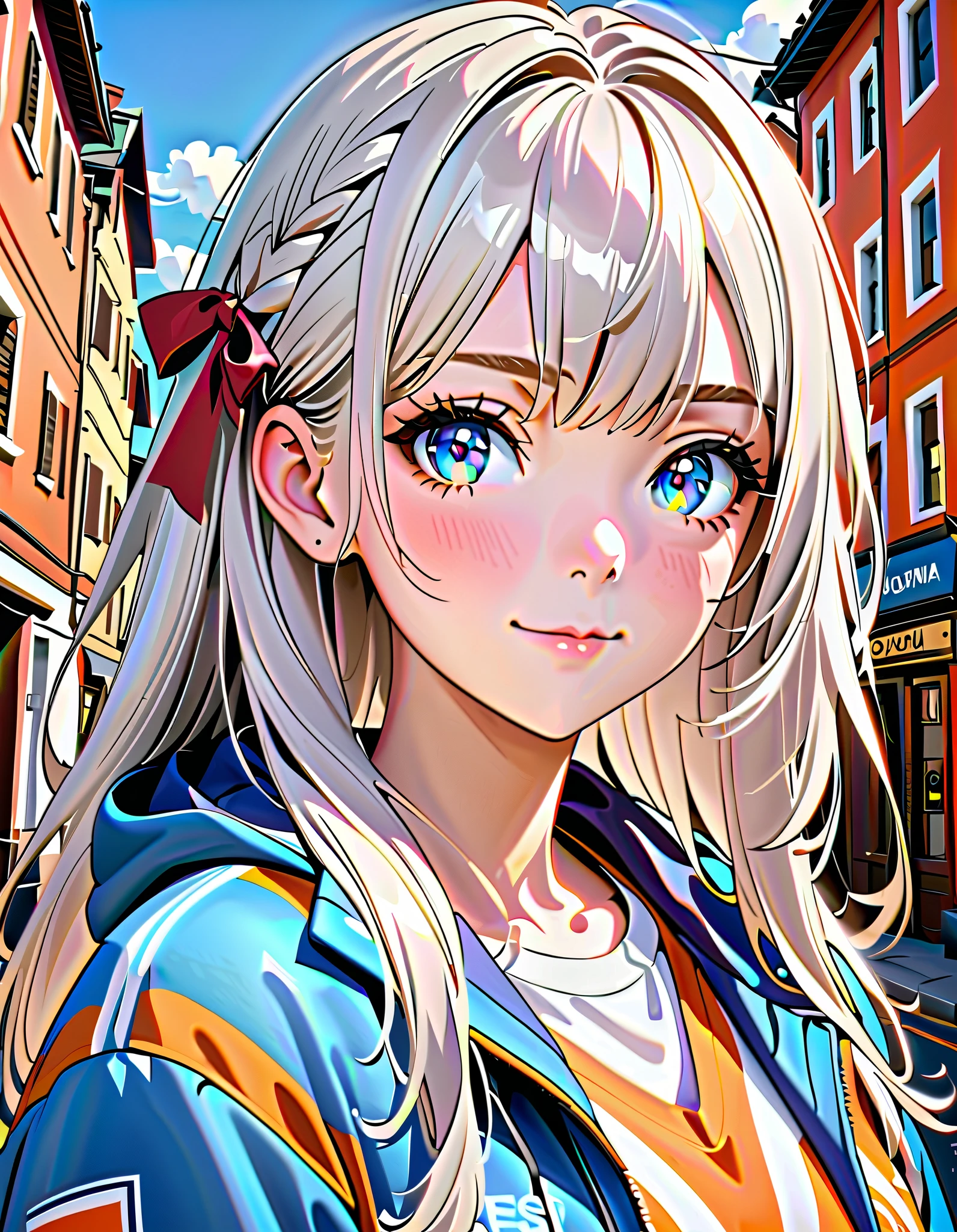 ultra-detailed, 8k, Beautiful Face, One girl,  Alisa Mikhailovna Kujo,Tomorrow, my friend, Arya-san, will be visiting Russia.,alone, ((Anime style background)),masterpiece, Highest quality, AI-generated, Complex,High resolution, Highest quality, super high quality,3D Images、3D Images, (Brighten your face), so beautiful,Latest, Complex details, Long Hair, Eyebrows visible through hair, Hair between the eyes, Silver Hair, Hair Ribbon, blue eyes, (Colorful eyes), (Shining Eyes), Medium chest, ,Long sleeve, Jacket,
View your viewers, Upper Body, Dutch Angle,Mouth closed, Close one eye, A light smile,
Highest quality, so beautiful, Absurd,