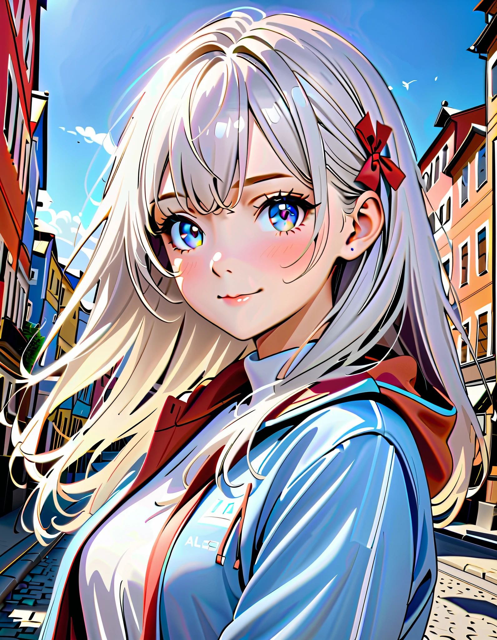 ultra-detailed, 8k, Beautiful Face, One girl,  Alisa Mikhailovna Kujo,Tomorrow, my friend, Arya-san, will be visiting Russia.,alone, ((Anime style background)),masterpiece, Highest quality, AI-generated, Complex,High resolution, Highest quality, super high quality,3D Images、3D Images, (Brighten your face), so beautiful,Latest, Complex details, Long Hair, Eyebrows visible through hair, Hair between the eyes, Silver Hair, Hair Ribbon, blue eyes, (Colorful eyes), (Shining Eyes), Medium chest, ,Long sleeve, Jacket,
View your viewers, Upper Body, Dutch Angle,Mouth closed, Close one eye, A light smile,
Highest quality, so beautiful, Absurd,