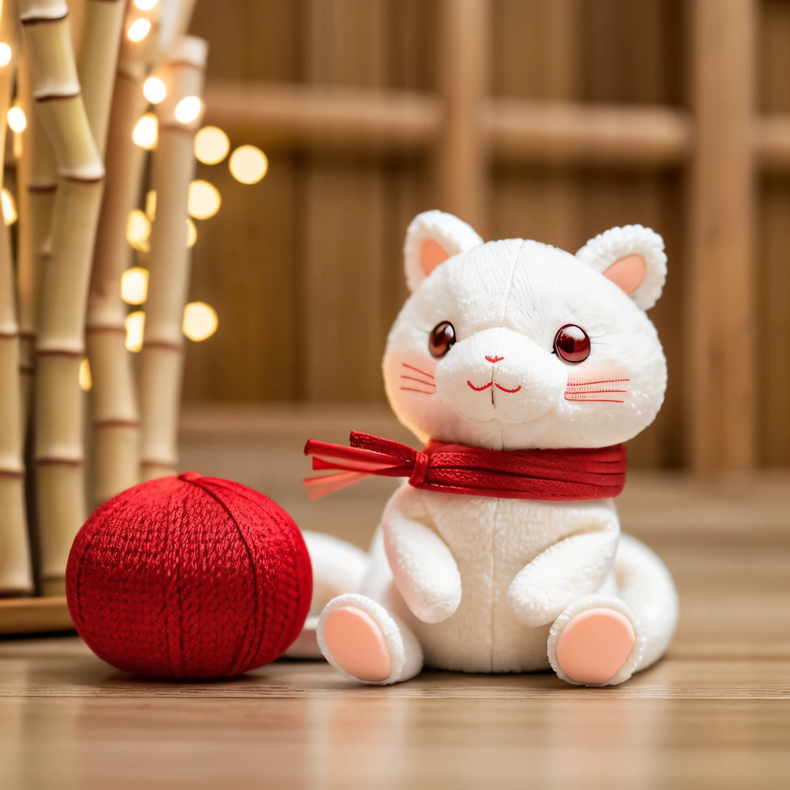 A small, cute white snake mascot with red eyes, sitting in the center. The snake has a soft and charming design. On both sides of the snake, there are traditional Japanese kadomatsu decorations, made of bamboo and pine. The background is simple and clean, highlighting the festive and adorable atmosphere. The overall tone is warm and welcoming.The quality of the image is superb, with natural soft lighting, highly detailed and realistic. Ultra High Resolution, Top Quality, SLR Camera, (Live Action Movie Scene), Highly Detailed, Realistic Lighting, Smooth, Fujifilm XT3,