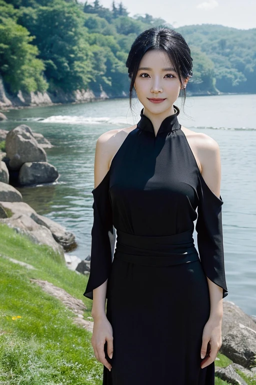 HDR photo of cinematic film still,This is a beautiful photograph of a woman,black hair cascading over her shoulders,She is wearing a boatneck chinese dress,Standing,Looking at the viewer. Smile,