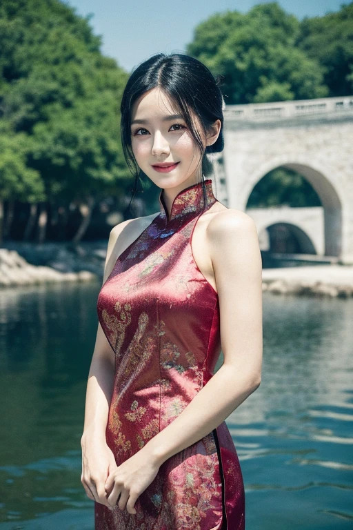 HDR photo of cinematic film still,This is a beautiful photograph of a woman,black hair cascading over her shoulders,She is wearing a boatneck chinese dress,Standing,Looking at the viewer. Smile,