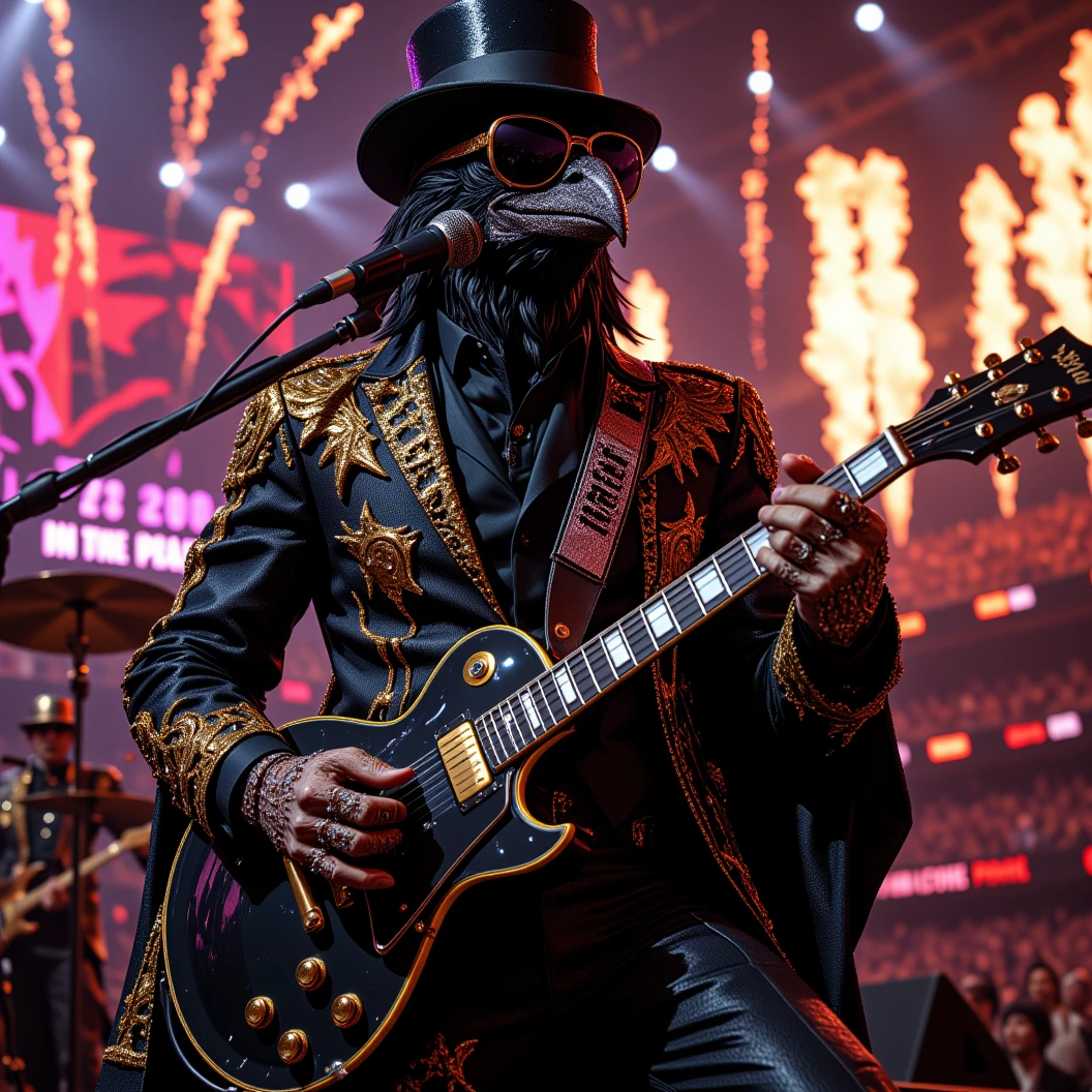 Muscular Anthropomorphic raven donned in intricate black suit with gold trim made of diamonds and a black diamond fedora. Diamonds cover his beak. Dynamically singing. Wears large sunglasses. Lead singer and guitarist of the band "Obsidian Rhythm Project" the name pronted on the bands drum set. Sings in to a retro style microphone while playing his guitar. Behind the open air stage, fireworks burst. Massive stadium concert, with a huge crowd cheering for him. The words "Happy New Year MAB!!! Live From The Pearl" flashes on the stadium jumbotron. Dynamic jazz band scene, dynamic pose, High Resolution, Masterpiece, Cinematic, Character Design, Hyperdetailed, Cinematography,  cinematic lighting, Depth Of Field, Sparkle, Ray Tracing, Image Fill, Dynamic Pose, old fashion microphone 