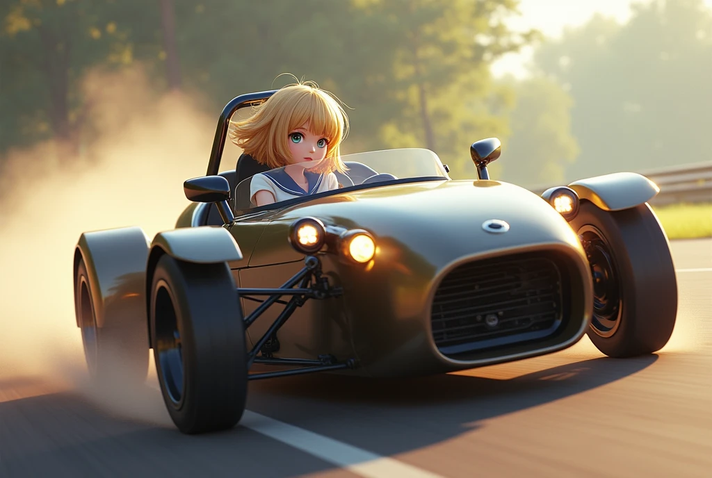 (JK girl\(blonde,smirk, sailor shirts, pleated skirt , shiny black tights, Loafers, Black Hair, bob cut,shiny lips\)) is driving (very realistic Ariel Atom ,  Lightweight Car ,  2-seater pipe frame body, Atom 3 .5,  Public Road Racing Machine ),motion blur, high-speed effect, drifting hard at corner,Dust smoke, shock wave,dynamic camera angle,dramatic camera angle, screen cap from racing game,from side, longshot