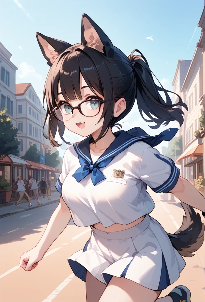 Black hair, glasses, dog ears, dog tail, running around on the riverbank