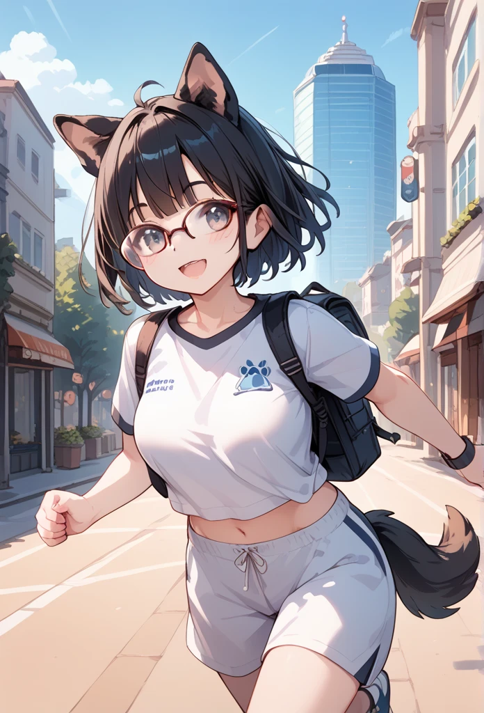 , short black hair, Fox ears, Foxtail, blue eyes, ssmile, tshirt, briefs, Jumps, Masterpiece, hiquality
