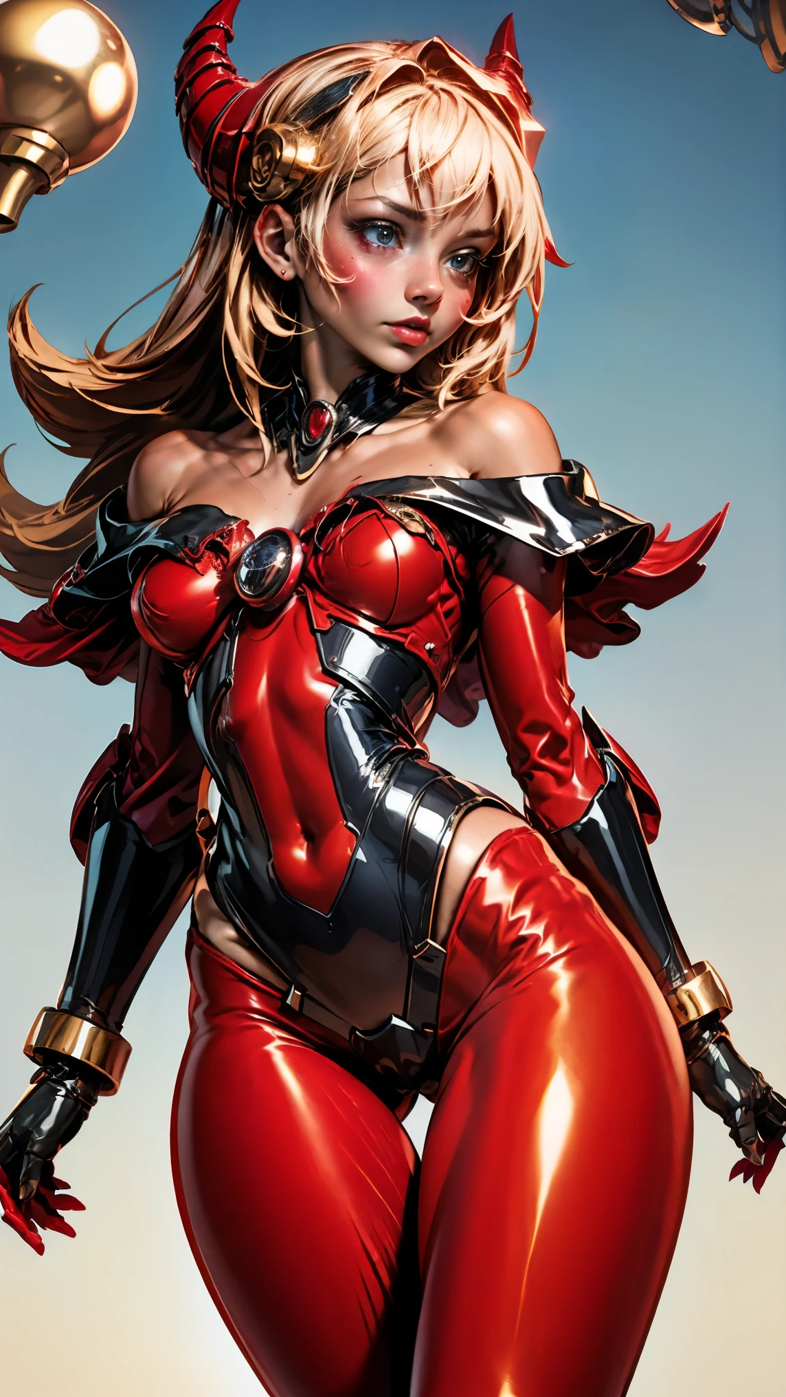 Full body shot seen from behind Sexy superheroine Spidergirl long blonde hair glowing blue eyes red lips muscular body large breast wears a red golden cobweb pattern tight leather pants, red golden cobweb pattern leather short, red and black stilettos, black tights, plunging sleeveless top gold shoulder pads gold bracelets revealing abs midriff a Z symbol on her chest portrait photography by artgerm, in the style of realism, glistening skin, cartooncore, mangacore, natural lighting, Defined full lips. Muscular fitness feminine body spider web in the background