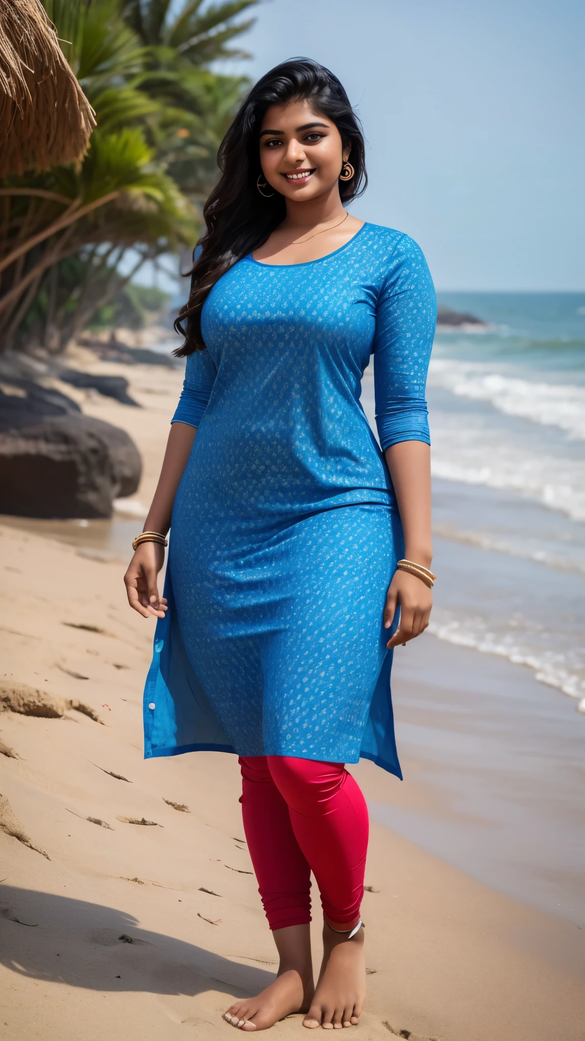 curvy thick Indian young beautiful 18 years Indian , slim body, nice curves, cotton fabric Indian blue kurti, indian kurti, cotton tight red leggings, outdoor, COOL WEATHER, standing near beach, seaside, photorealistic, lusty smile on face, flirting face, big , five_fingers, influencer, model