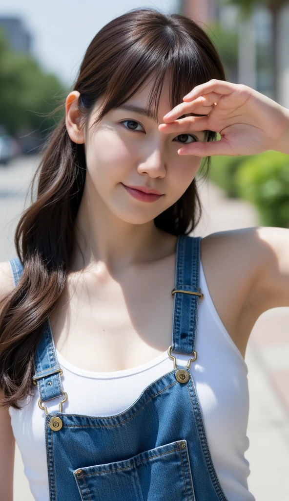 ((大きなお尻))pho3b3cat3s photos,  beautiful women, ((24 years old)), street,  tank top,  denim overalls to block sunlight with your hands, 1980s, Retro,  long wavy dark hair ponytail, (masterpiece), (  Highly Detailed CG Unity 8K Wallpaper),  complicated, (( photorealistic )),