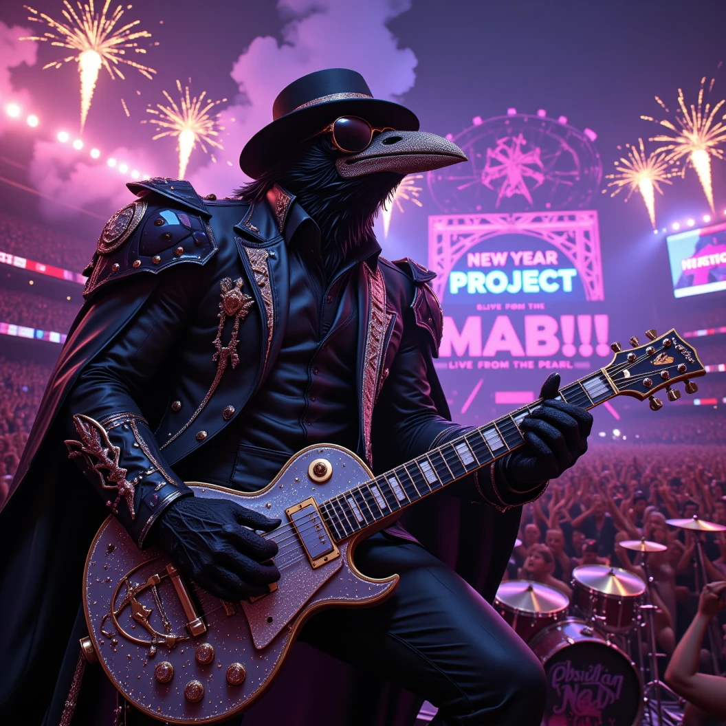 Muscular Anthropomorphic raven donned in intricate black suit with gold trim made of diamonds and a black diamond fedora. Diamonds cover his beak. Dynamically singing. Wears large sunglasses. Lead singer and guitarist of the band "Obsidian Rhythm Project" the name pronted on the bands drum set. Sings in to a retro style microphone while playing his guitar. Behind the open air stage, fireworks burst. Massive stadium concert, with a huge crowd cheering for him. The words "Happy New Year MAB!!! Live From The Pearl" flashes on the stadium jumbotron. Dynamic jazz band scene, dynamic pose, High Resolution, Masterpiece, Cinematic, Character Design, Hyperdetailed, Cinematography,  cinematic lighting, Depth Of Field, Sparkle, Ray Tracing, Image Fill, Dynamic Pose, old fashion microphone 