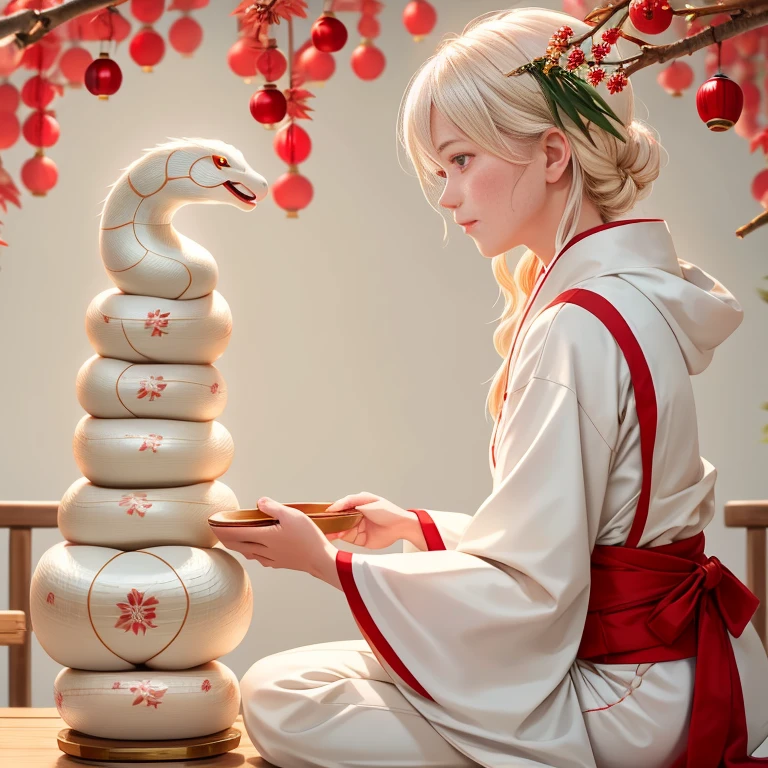 A small, cute white snake mascot with red eyes, sitting in the center. The snake has a soft and charming design. On both sides of the snake, there are traditional Japanese kadomatsu decorations, made of bamboo and pine. The background is simple and clean, highlighting the festive and adorable atmosphere. The overall tone is warm and welcoming.The quality of the image is superb, with natural soft lighting, highly detailed and realistic. Ultra High Resolution, Top Quality, SLR Camera, (Live Action Movie Scene), Highly Detailed, Realistic Lighting, Smooth, Fujifilm XT3,